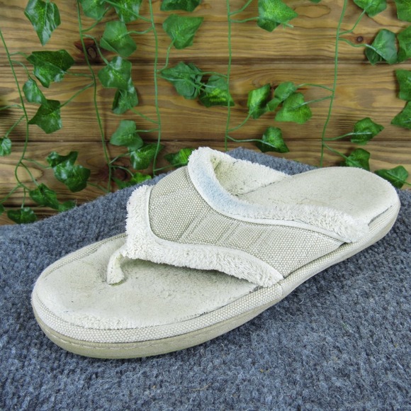 Acorn Women's Sandals Beige Size 6.5-7.5 M Canvas Faux Fur Comfort Flip Flop - Picture 1 of 6
